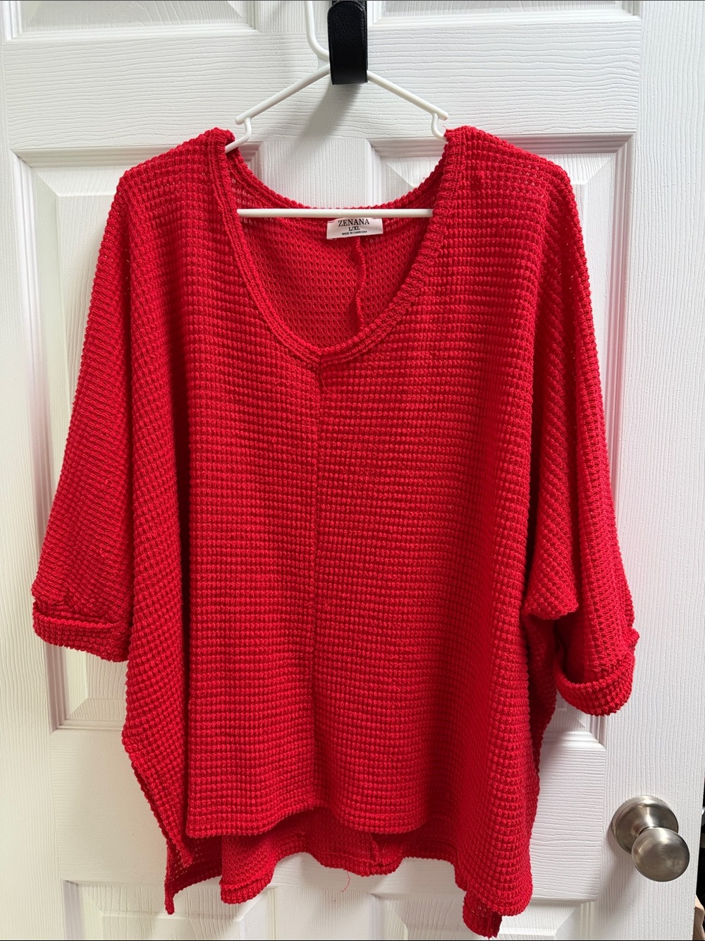 Zenana Outfitters Bright Red Waffle-Knit Scoop Neck Sweater
